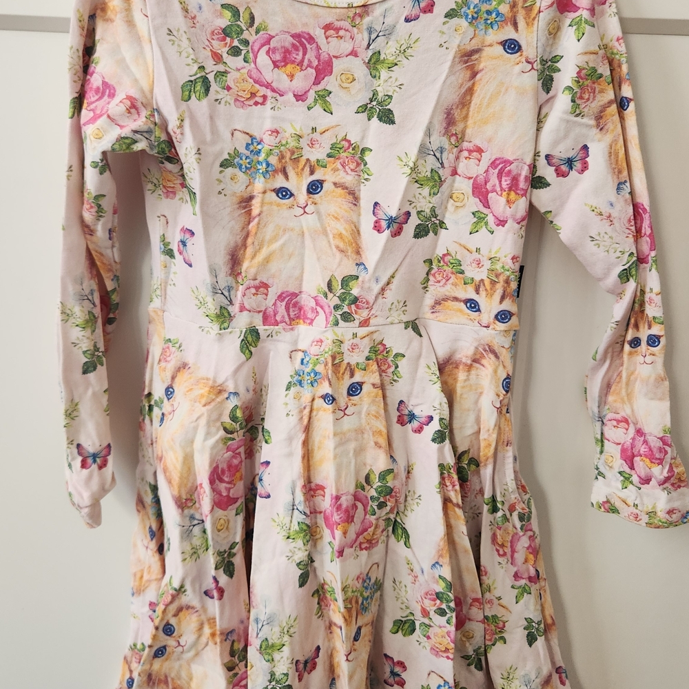 Charming Cat and Floral Print Kids Dress